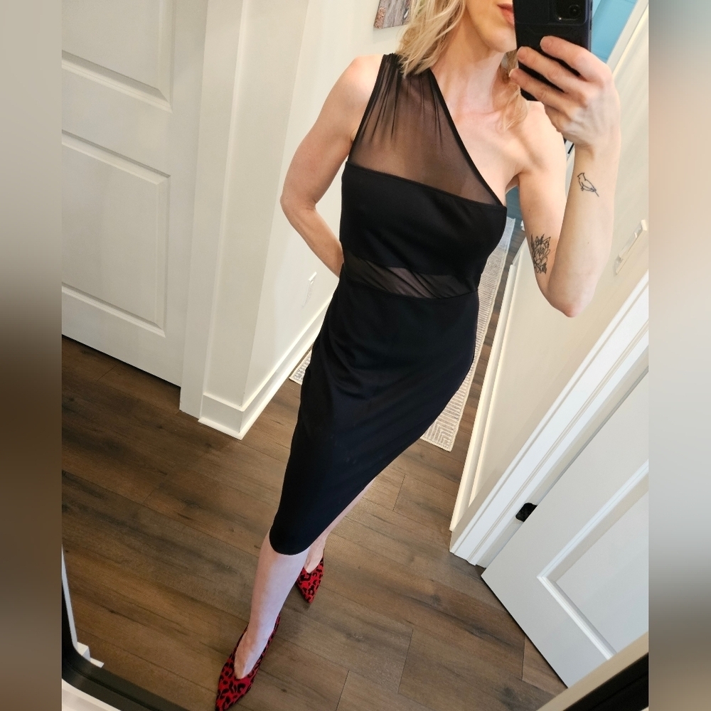 Express Black One-Shoulder Sheer Panel Bodycon Dress - Size 8